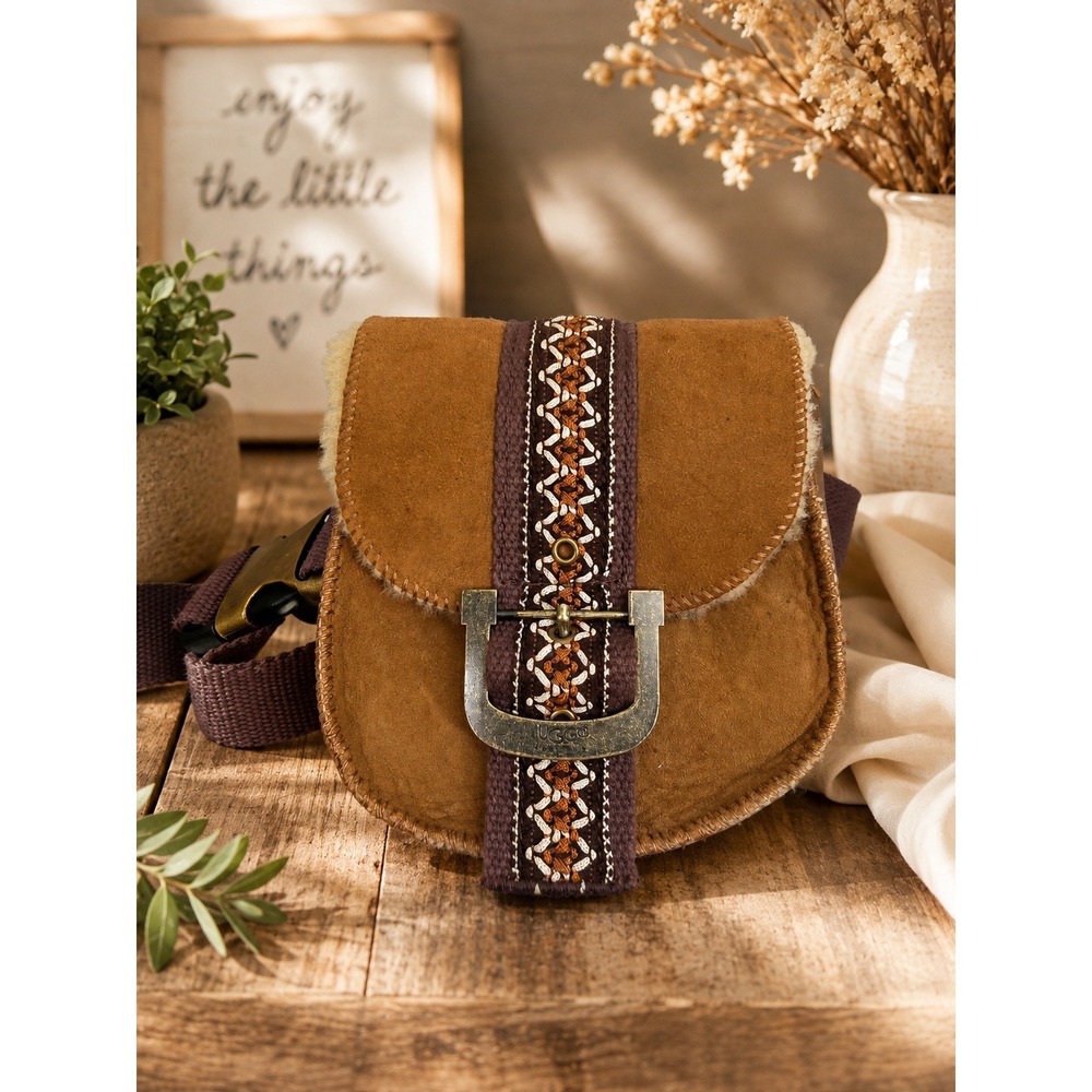 UGG Australia Chestnut Suede Shearling Belt Bag Waist Pouch Boho Woven Brown